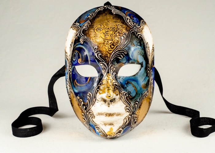 Venetian face mask decorated in blue gold and white